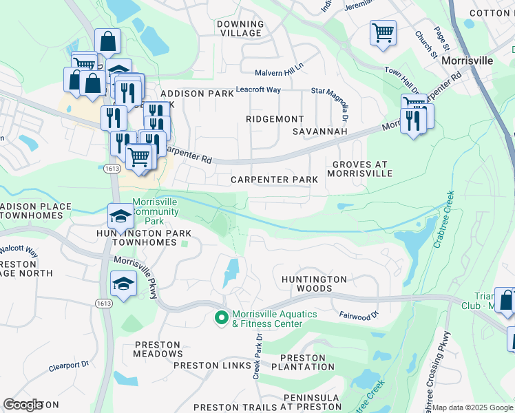 map of restaurants, bars, coffee shops, grocery stores, and more near 2922 Kudrow Lane in Morrisville