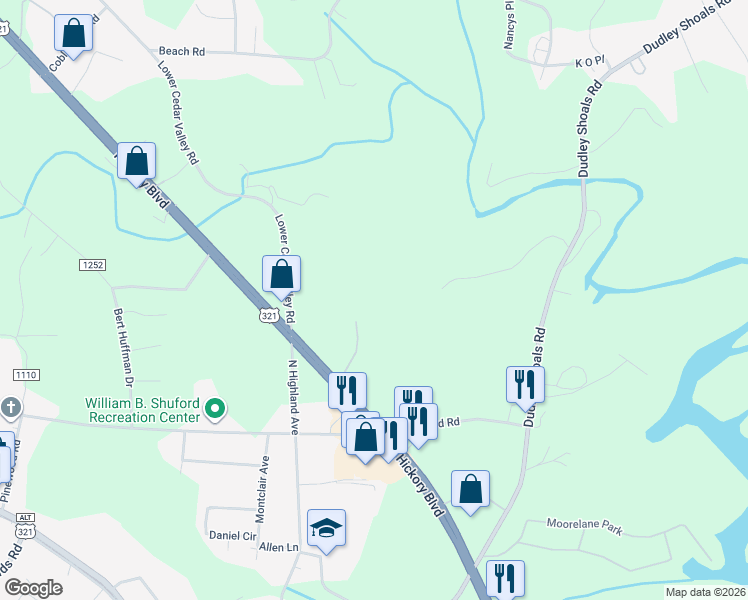 map of restaurants, bars, coffee shops, grocery stores, and more near 3908 Hickory Boulevard in Granite Falls