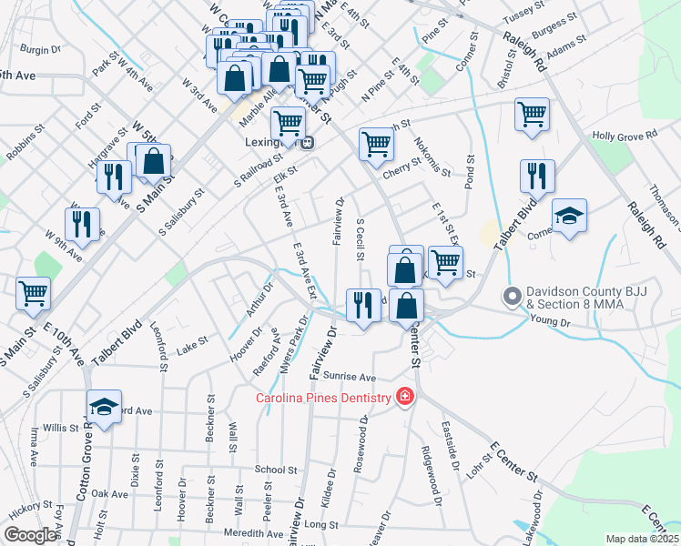 map of restaurants, bars, coffee shops, grocery stores, and more near 239 Fairview Drive in Lexington