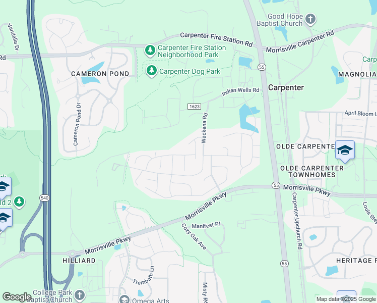 map of restaurants, bars, coffee shops, grocery stores, and more near 909 Merrifield Drive in Cary