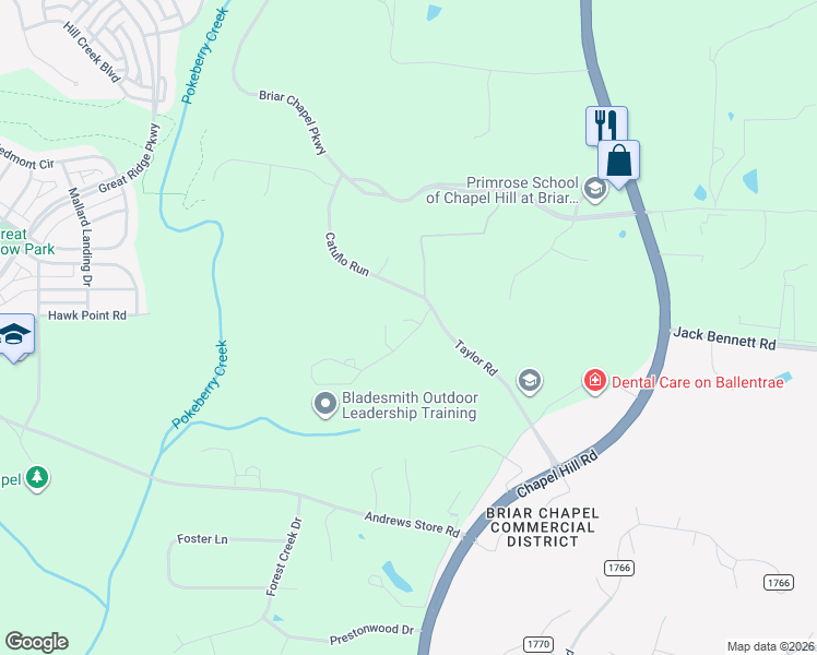 map of restaurants, bars, coffee shops, grocery stores, and more near 112 Penny Lane in Pittsboro