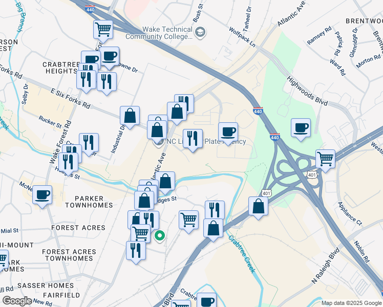map of restaurants, bars, coffee shops, grocery stores, and more near 900 East Six Forks Road in Raleigh