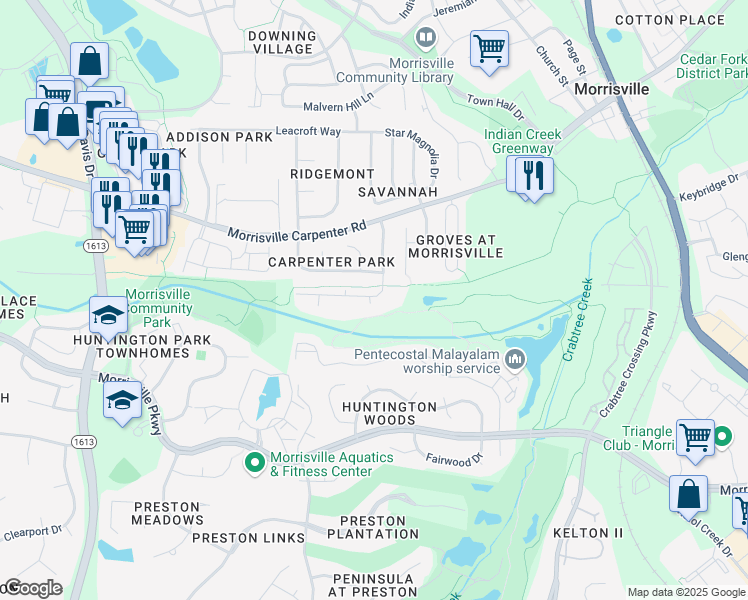 map of restaurants, bars, coffee shops, grocery stores, and more near 1723 Kudrow Lane in Morrisville