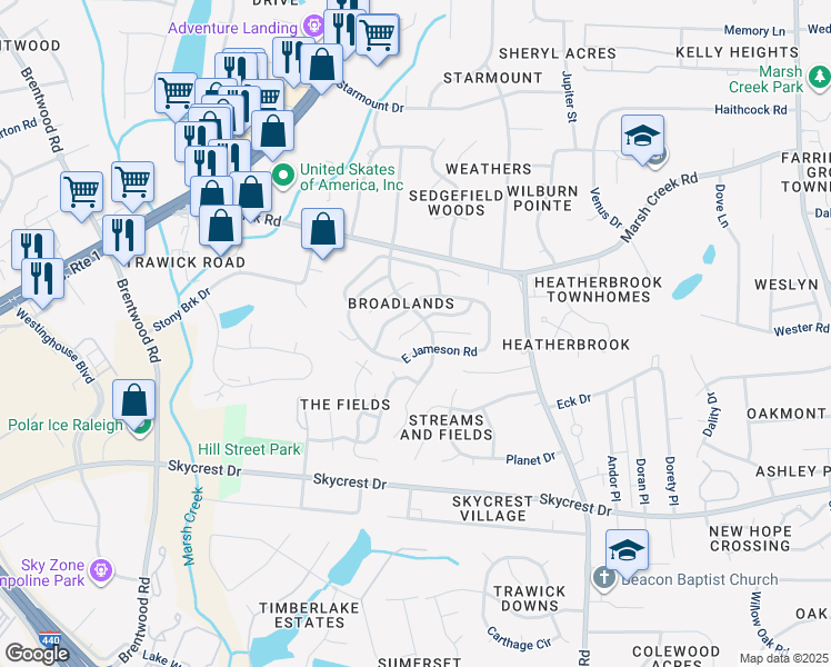 map of restaurants, bars, coffee shops, grocery stores, and more near 3020 West Annaley Drive in Raleigh