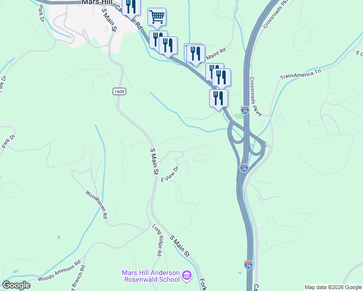 map of restaurants, bars, coffee shops, grocery stores, and more near 165 Spring Drive in Mars Hill