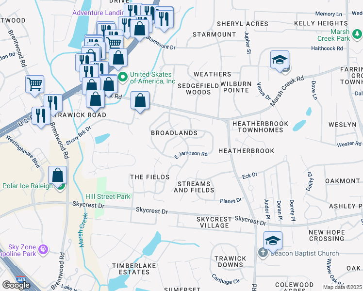 map of restaurants, bars, coffee shops, grocery stores, and more near 3020 West Annaley Drive in Raleigh