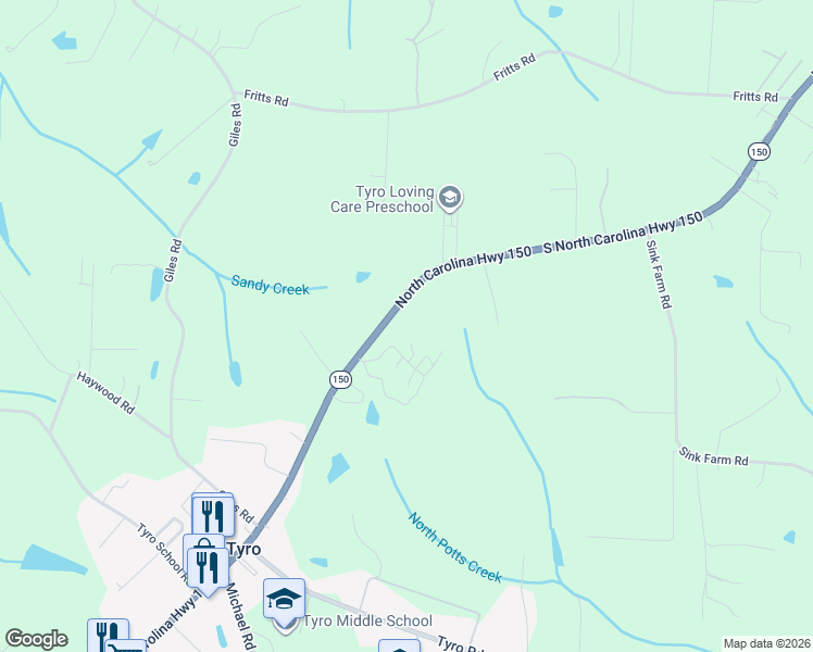 map of restaurants, bars, coffee shops, grocery stores, and more near 3679 North Carolina Highway 150 in Lexington