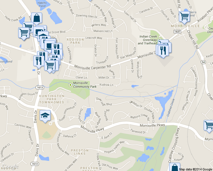 map of restaurants, bars, coffee shops, grocery stores, and more near 2300 Kudrow Lane in Morrisville