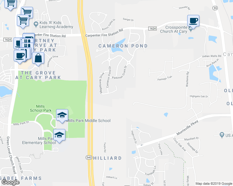 map of restaurants, bars, coffee shops, grocery stores, and more near 812 Magalloway Dr in Cary