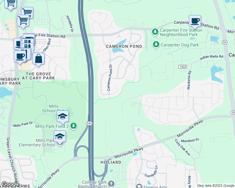 map of restaurants, bars, coffee shops, grocery stores, and more near 812 Magalloway Drive in Cary