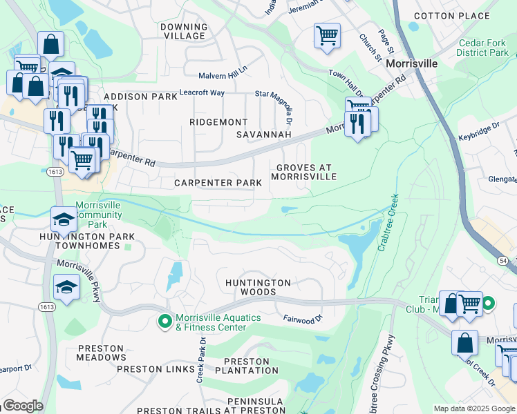 map of restaurants, bars, coffee shops, grocery stores, and more near 1321 Kudrow Lane in Morrisville
