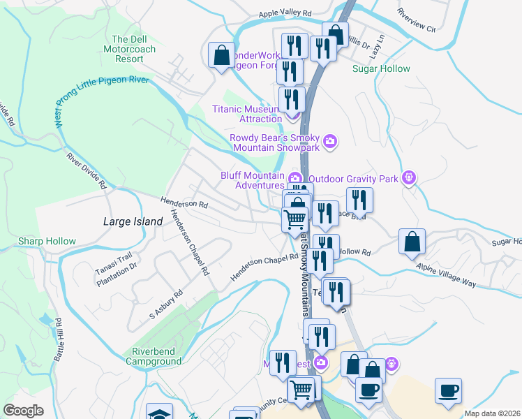 map of restaurants, bars, coffee shops, grocery stores, and more near 208 Meadowbrook Drive in Pigeon Forge