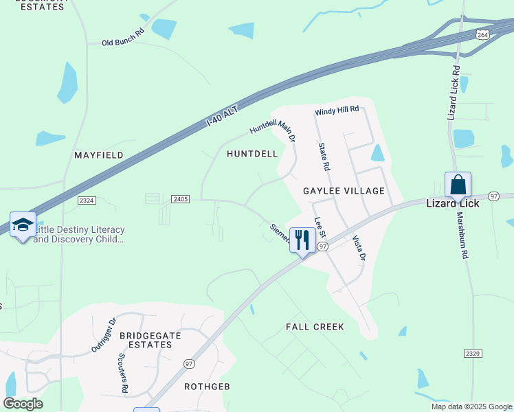 map of restaurants, bars, coffee shops, grocery stores, and more near 7313 Siemens Road in Wendell