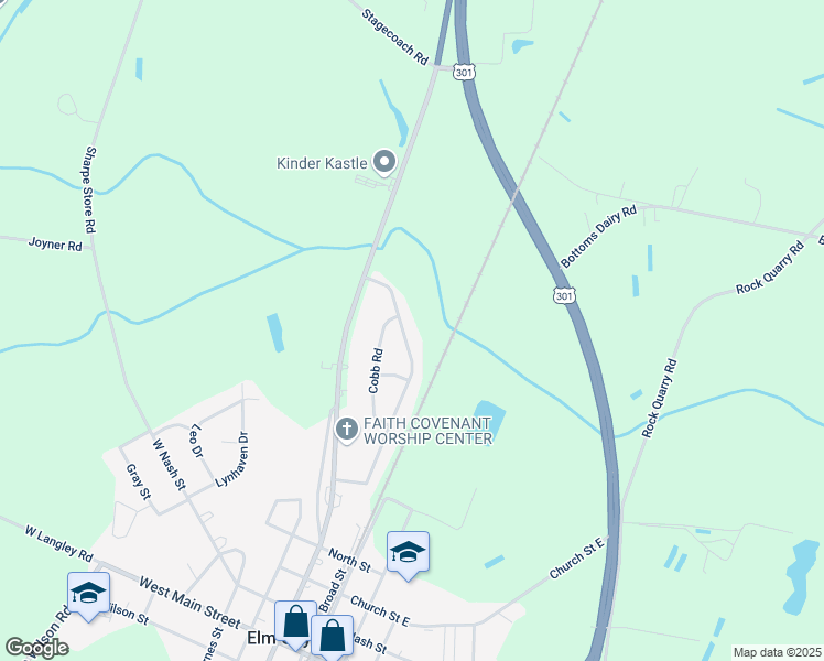 map of restaurants, bars, coffee shops, grocery stores, and more near 714 Daniel Drive in Elm City