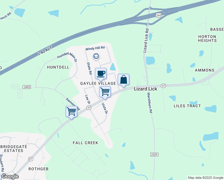map of restaurants, bars, coffee shops, grocery stores, and more near 2716 North Carolina 97 in Wendell