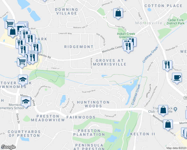 map of restaurants, bars, coffee shops, grocery stores, and more near 1321 Kudrow Lane in Morrisville