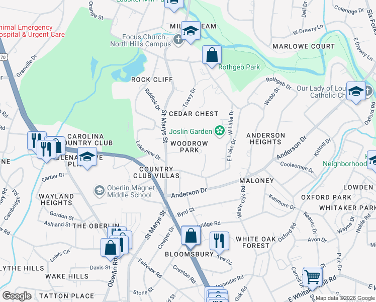 map of restaurants, bars, coffee shops, grocery stores, and more near 2325 Woodrow Drive in Raleigh