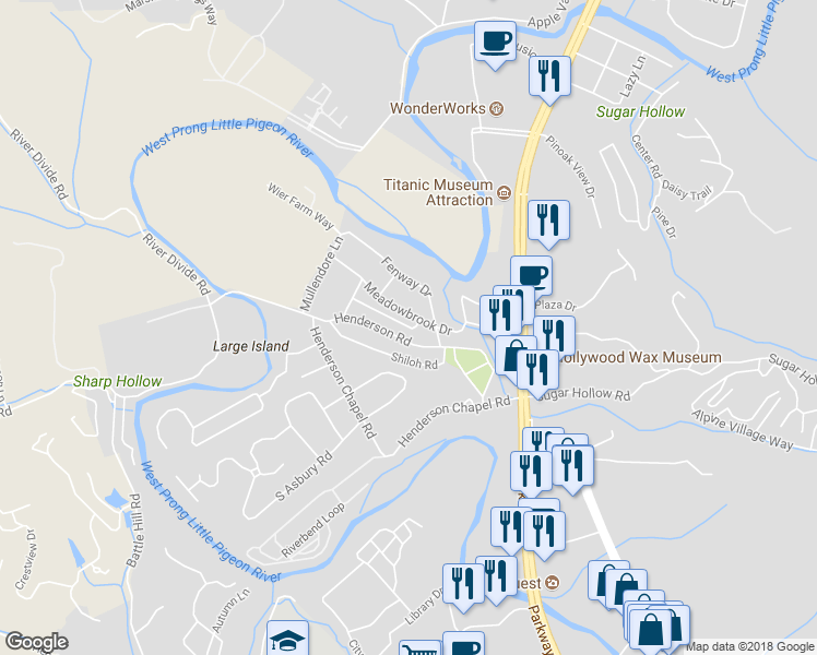 map of restaurants, bars, coffee shops, grocery stores, and more near 313 Meriwether Way in Pigeon Forge