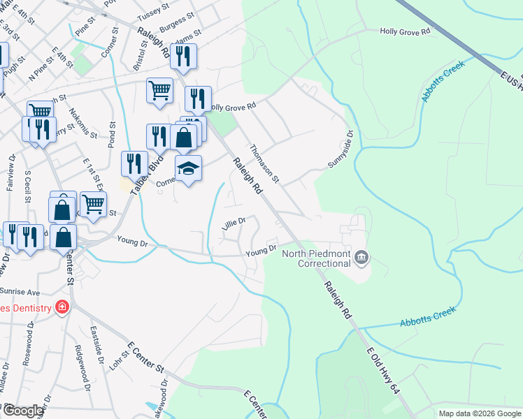 map of restaurants, bars, coffee shops, grocery stores, and more near 1219 Raleigh Road in Lexington