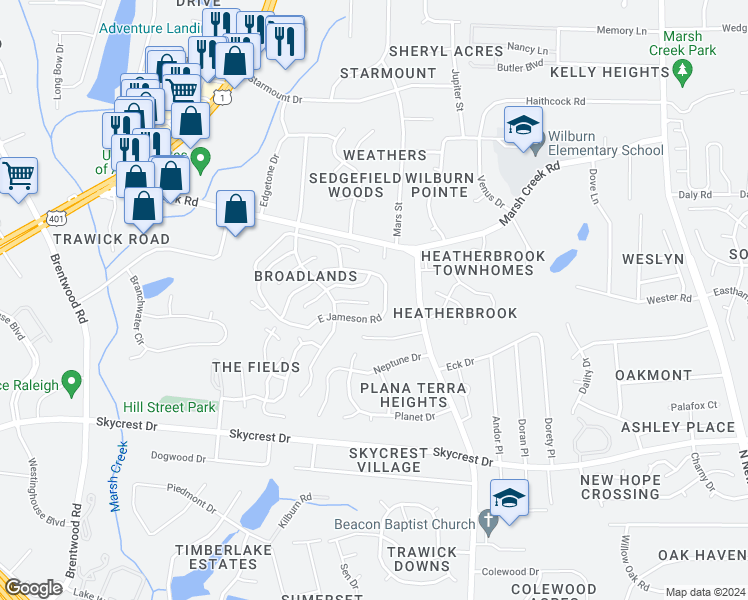 map of restaurants, bars, coffee shops, grocery stores, and more near 3333 Derbyshire Place in Raleigh