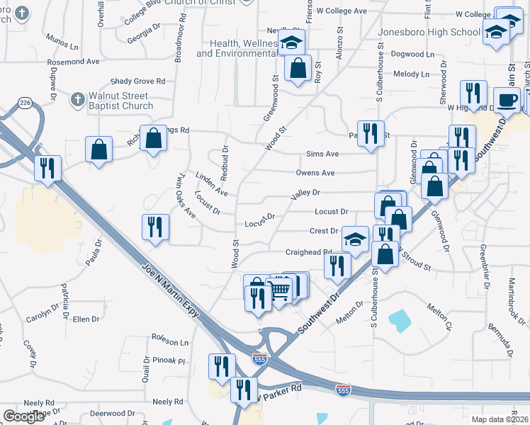 map of restaurants, bars, coffee shops, grocery stores, and more near 900 Locust Drive in Jonesboro