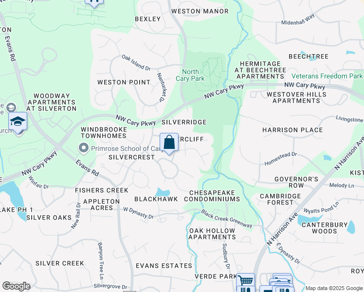 map of restaurants, bars, coffee shops, grocery stores, and more near 103 Canyon Run in Cary