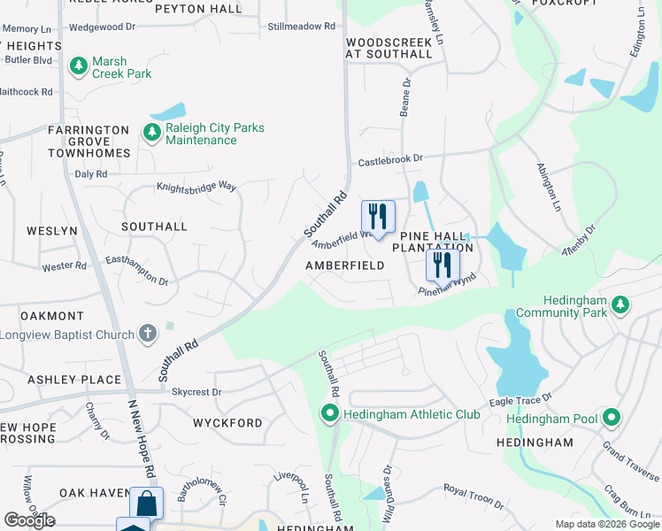 map of restaurants, bars, coffee shops, grocery stores, and more near 3096 Southall Road in Raleigh