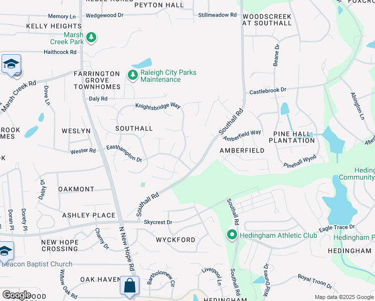 map of restaurants, bars, coffee shops, grocery stores, and more near 5029 Knightsbridge Way in Raleigh
