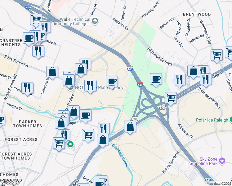 map of restaurants, bars, coffee shops, grocery stores, and more near 2667 Noblewood Circle in Raleigh