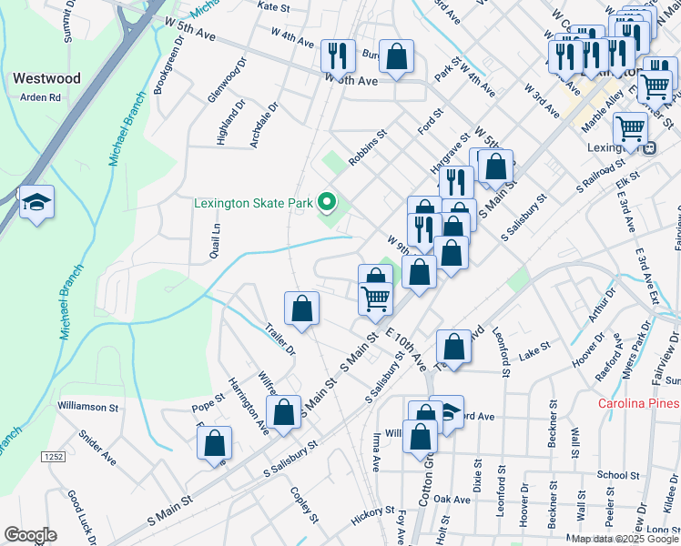 map of restaurants, bars, coffee shops, grocery stores, and more near 44 Robbins Circle in Lexington