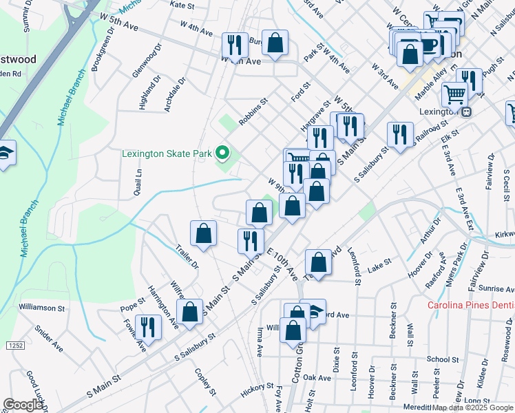 map of restaurants, bars, coffee shops, grocery stores, and more near 57 Robbins Circle in Lexington