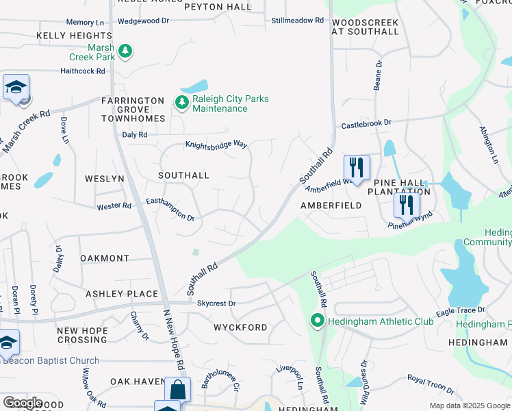 map of restaurants, bars, coffee shops, grocery stores, and more near 5029 Knightsbridge Way in Raleigh