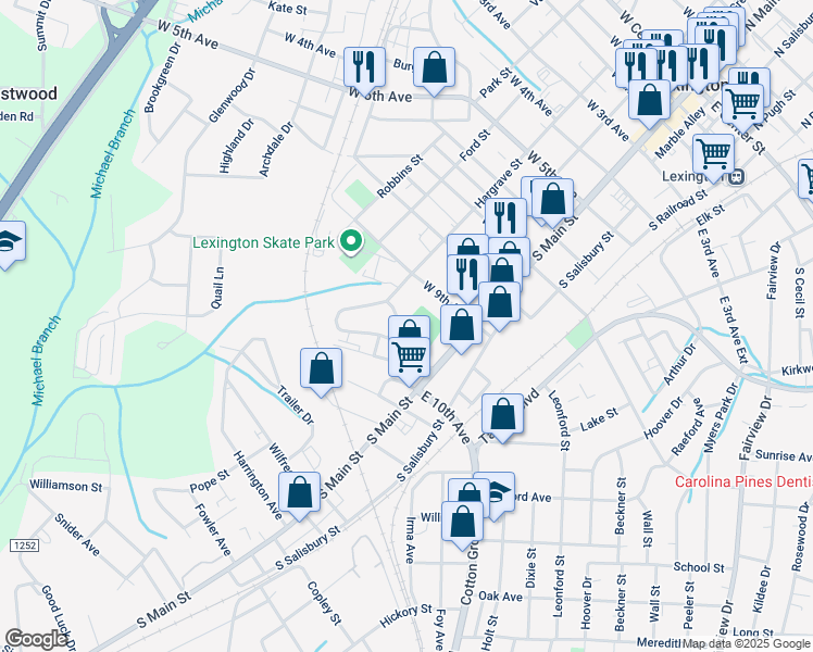map of restaurants, bars, coffee shops, grocery stores, and more near 57 Robbins Circle in Lexington