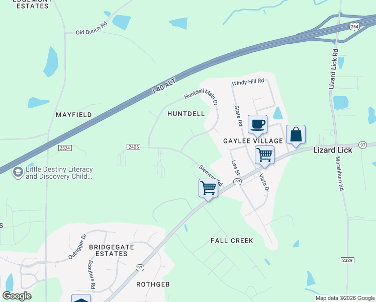 map of restaurants, bars, coffee shops, grocery stores, and more near 7313 Siemens Road in Wendell