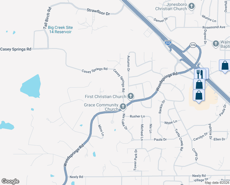 map of restaurants, bars, coffee shops, grocery stores, and more near 2605 Casey Springs Road in Jonesboro