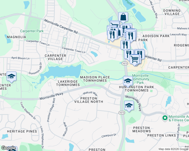 map of restaurants, bars, coffee shops, grocery stores, and more near 203 Anniston Court in Cary