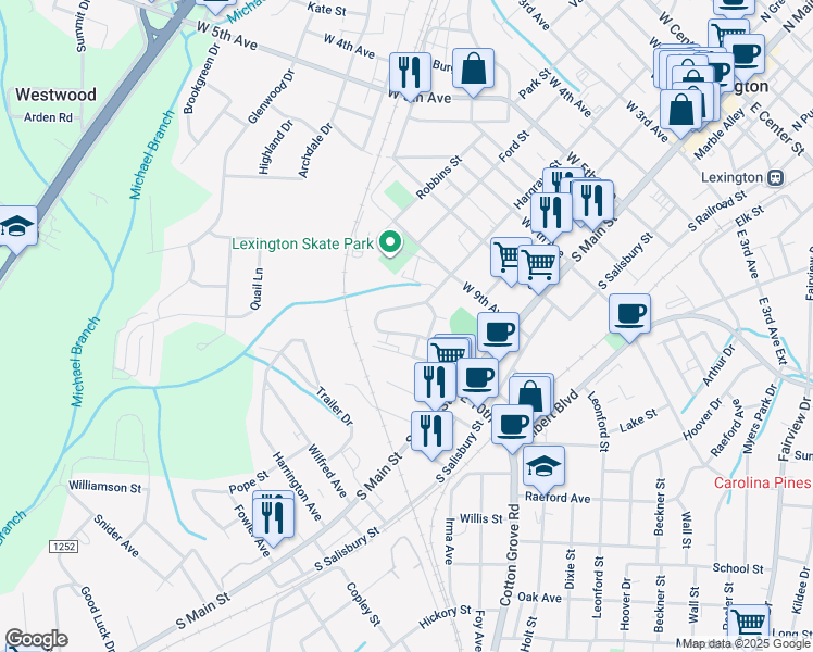 map of restaurants, bars, coffee shops, grocery stores, and more near 18 Robbins Circle in Lexington