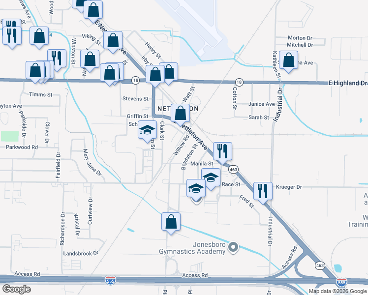 map of restaurants, bars, coffee shops, grocery stores, and more near 2300 Willow Road in Jonesboro
