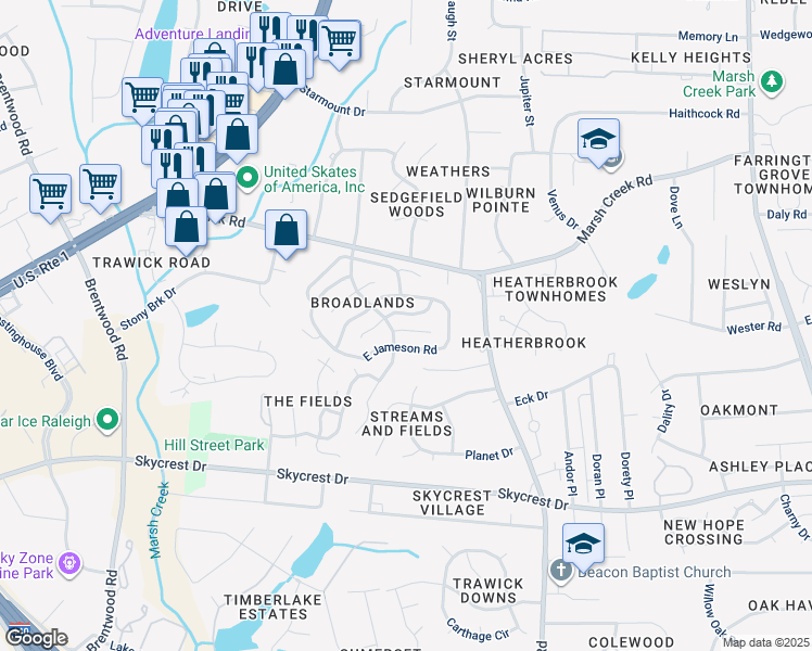 map of restaurants, bars, coffee shops, grocery stores, and more near 3309 Derbyshire Place in Raleigh