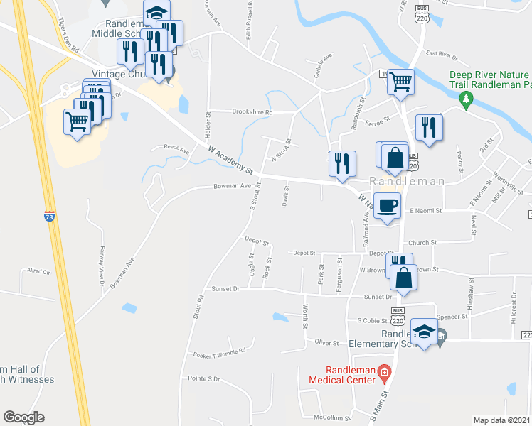 map of restaurants, bars, coffee shops, grocery stores, and more near 201 South Stout Street in Randleman