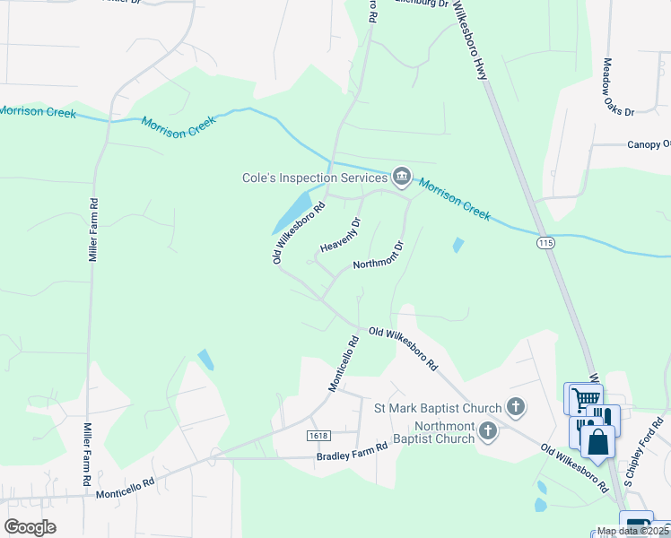 map of restaurants, bars, coffee shops, grocery stores, and more near 76 Heavenly Drive in Statesville