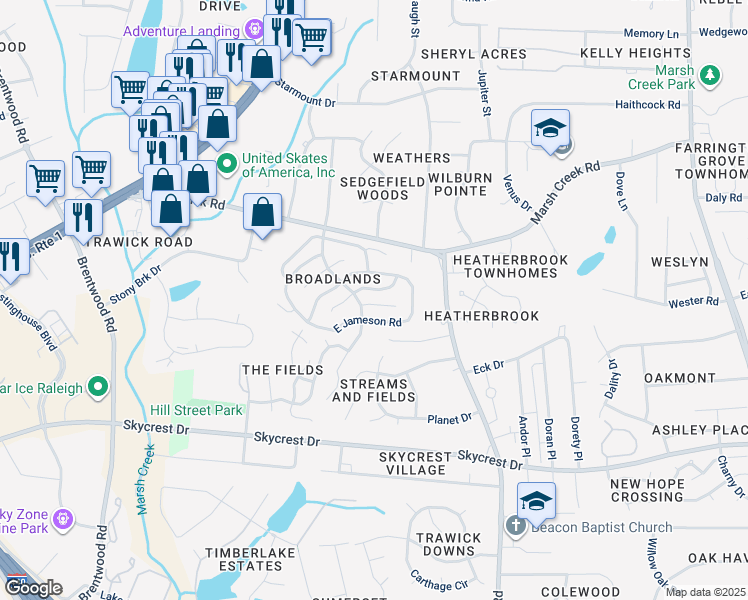map of restaurants, bars, coffee shops, grocery stores, and more near 3309 Derbyshire Place in Raleigh