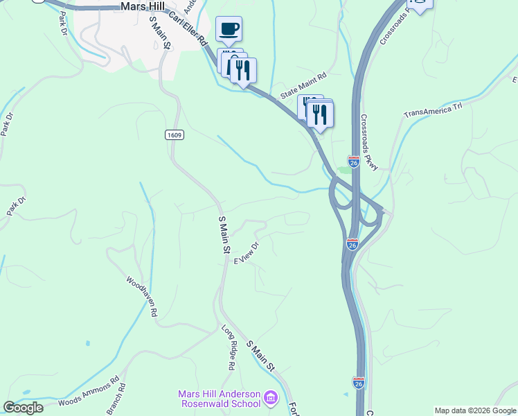 map of restaurants, bars, coffee shops, grocery stores, and more near 165 Spring Drive in Mars Hill