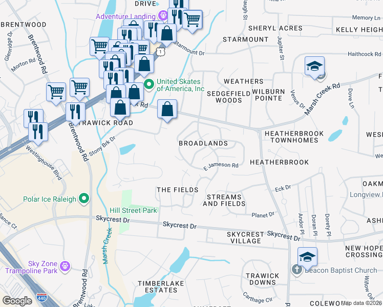 map of restaurants, bars, coffee shops, grocery stores, and more near 3020 West Folkestone Place in Raleigh