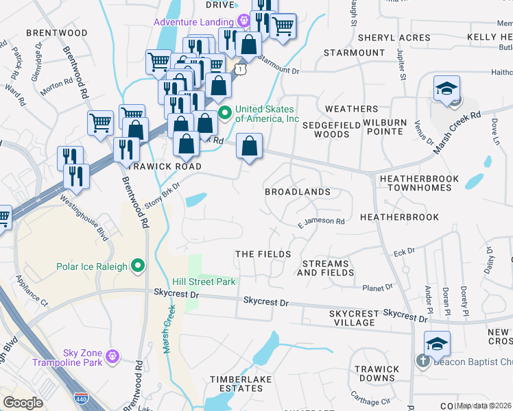 map of restaurants, bars, coffee shops, grocery stores, and more near 2801 Bedfordshire Court in Raleigh