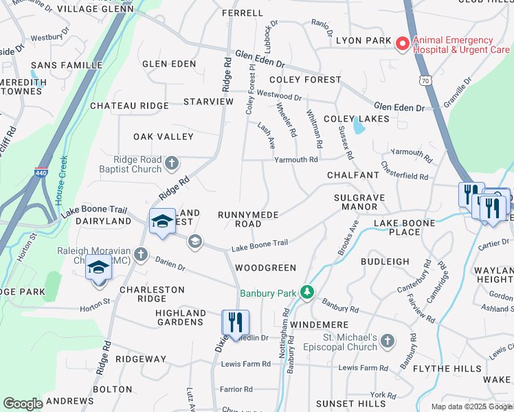 map of restaurants, bars, coffee shops, grocery stores, and more near 2121 Buckingham Road in Raleigh