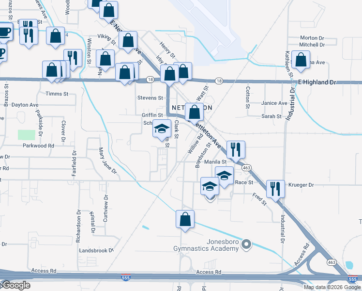 map of restaurants, bars, coffee shops, grocery stores, and more near 2212 Clark Street in Jonesboro