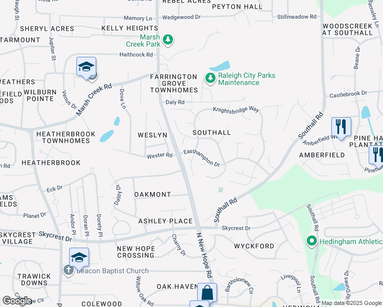 map of restaurants, bars, coffee shops, grocery stores, and more near 2604 Denbigh Court in Raleigh