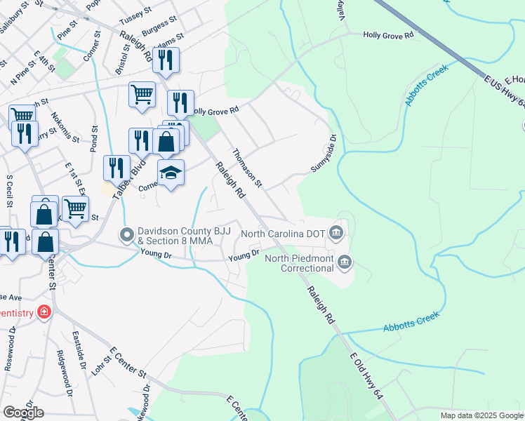 map of restaurants, bars, coffee shops, grocery stores, and more near 1232 Raleigh Road in Lexington