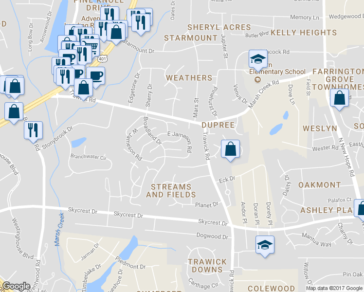 map of restaurants, bars, coffee shops, grocery stores, and more near 3329 Derbyshire Place in Raleigh